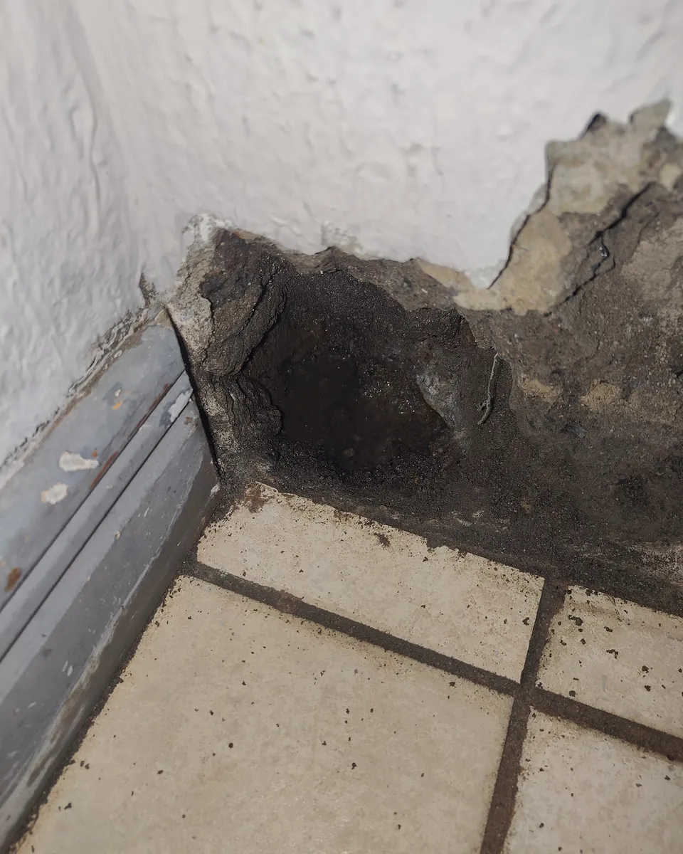 Pared abierta para localizar la fuga de agua